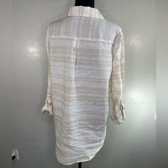 Ellen Tracy striped women's top 100% Linen collared long sleeve Sz L - Picture 3 of 8